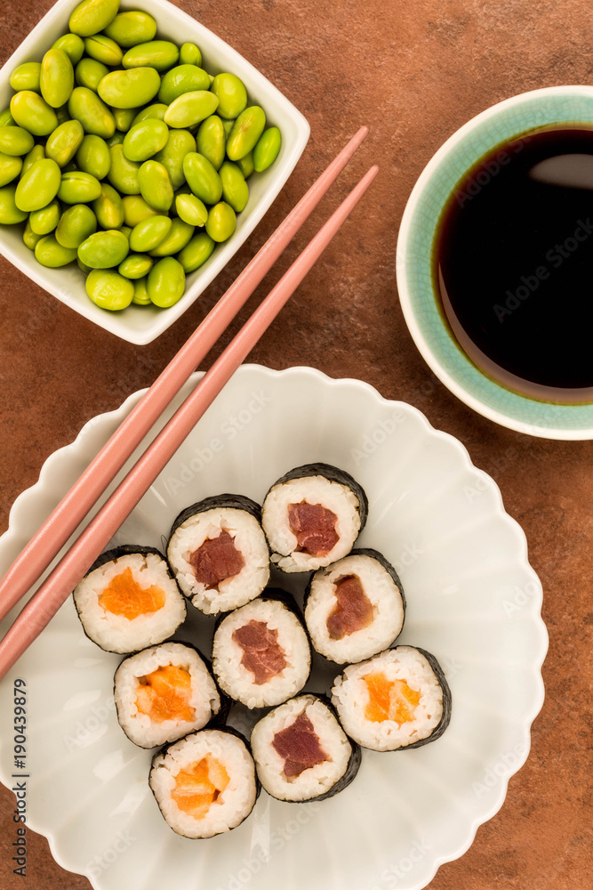 Japanese Style Maki Salmon and Tuna Sushi Rolls