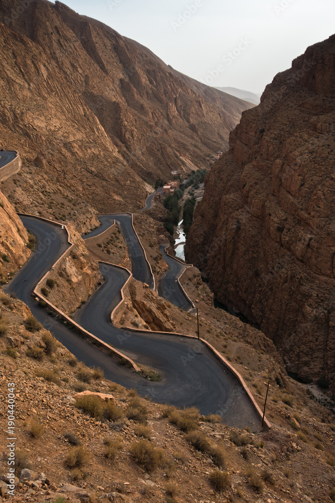 Curvy winding road viewed from the top of Dadas gorge in Morocco, Africa