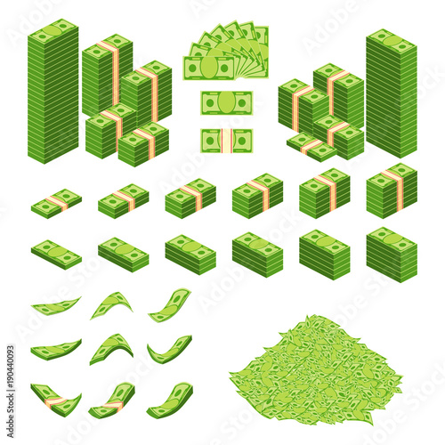 Set a various kind of money. Packing in bundles of bank notes, bills fly, gold coins. Flat vector cartoon money illustration. Objects isolated on a white background.