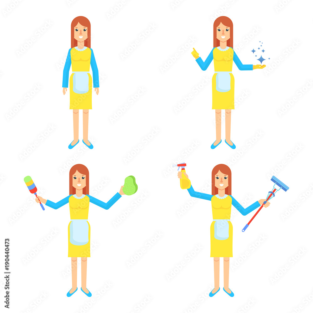 Cleaning service. Girl in uniform with different devices for cleaning. Flat vector cartoon illustration. Objects isolated on white background. Cleaning service. Girl in uniform with different devices for cleaning. Flat vector cartoon illustration. Objects isolated on white background.