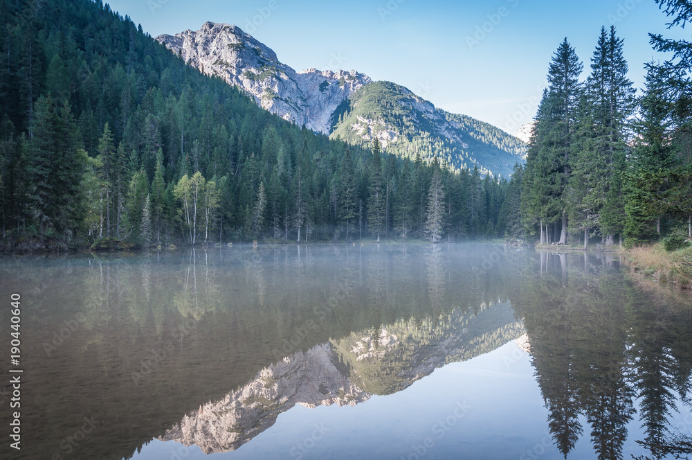 Small transparent pond with reflections and fog on a summer morning, Cortina d'Ampezzo, Dolomites, Italy