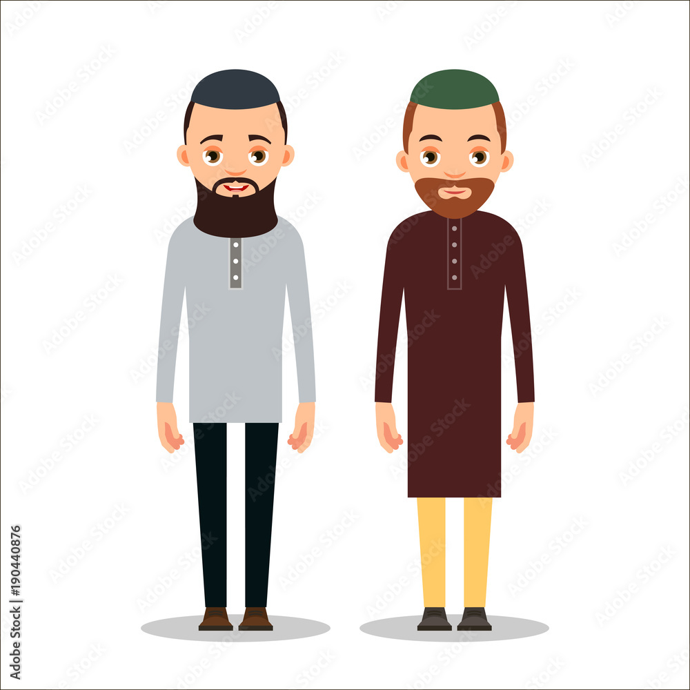 Fototapeta premium Muslim man or Arab man. Cartoon character stand in the traditional clothing. Isolated characters of representatives of Islam on a white background in a flat style