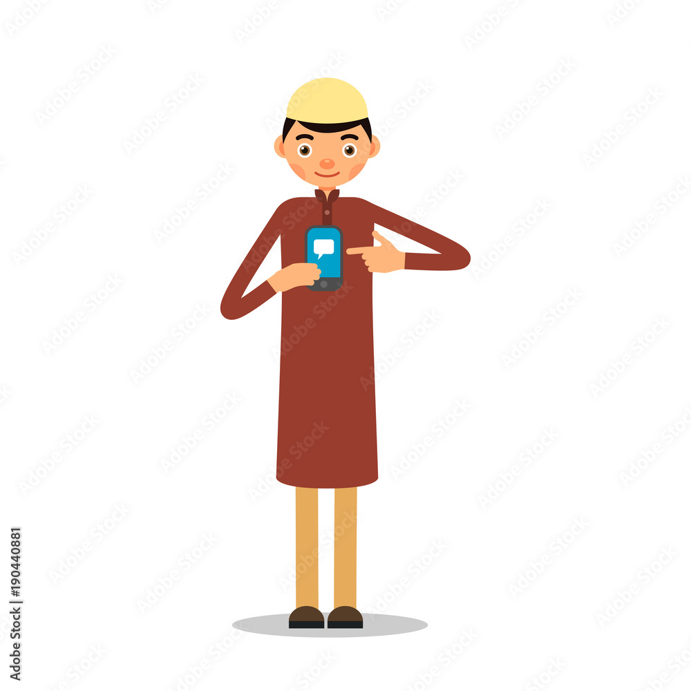Muslim with phone. Young Muslim man stands and shows information on a mobile. Muslim or Arab uses phone to send an e-mail or messages. Illustration in flat style. Isolated Muslim with phone. Young Muslim man stands and shows information on a mobile. Muslim or Arab uses phone to send an e-mail or messages. Illustration in flat style. Isolated