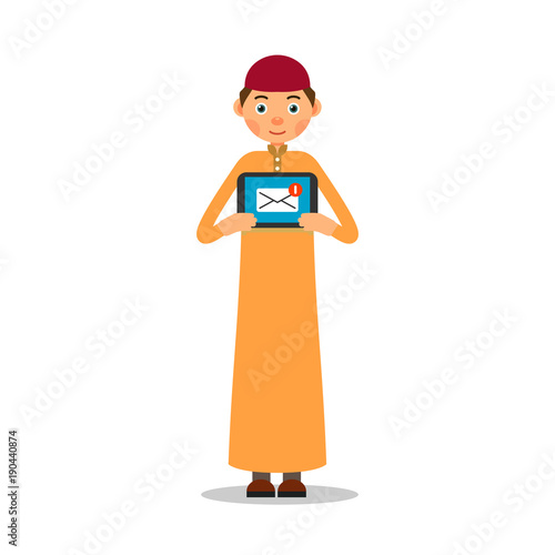 Muslim with tablet. Young muslim guy stands and holds a tablet in his hands, on which an e-mail is displayed. Illustration in flat style. Isolated. White background