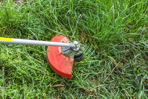 Mowing grass on the lawn closeup
