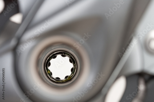 Close up of bearings inside bike crank