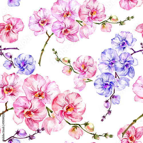 Blue and pink orchid flowers on white background. Seamless floral pattern.  Watercolor painting. Hand drawn illustration.