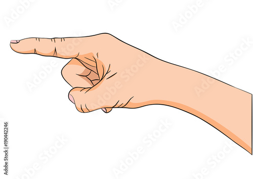 Hand with forefinger.  Isolated drawn black contour of a hand, filled with  skin color.