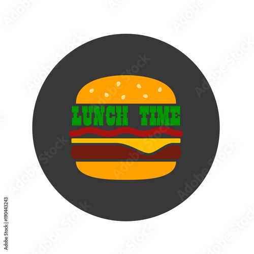 Icono plano LUNCH TIME en hamburguesa color en circulo gris oscuro