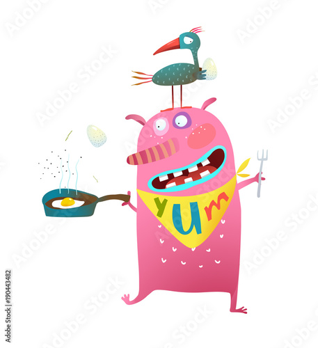 Fun cartoon of birdie and and a hunger monster.Vector illustration.