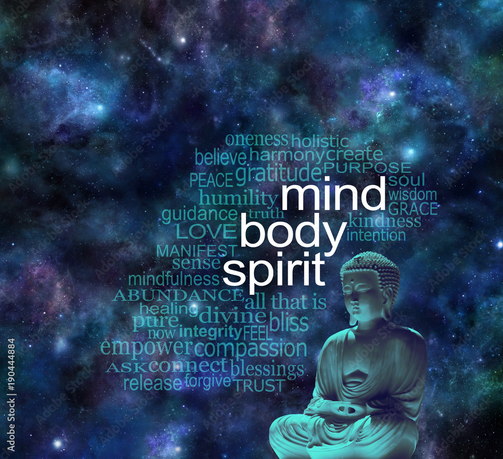 Foto Stock Mind Body Spirit Buddha Word Cloud - Buddha in meditative lotus  position next to the words MIND BODY SPIRIT surrounded by a relevant word  cloud against a dark starry night