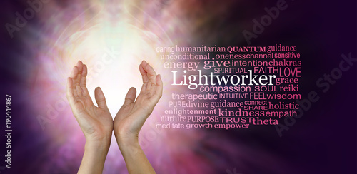 The healing hands of a Lightworker - Female hands in an upwards open gesture beside the word LIGHTWORKER and a relevant word cloud  on a radiating pink coloured energy background
 photo