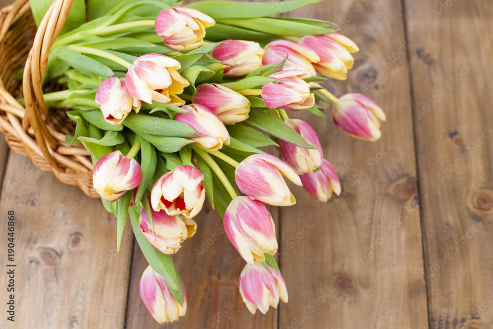A bouquet of fresh spring tulips, of different colors. Flowers in a basket on a brown wooden background. Free space for text or a postcard.