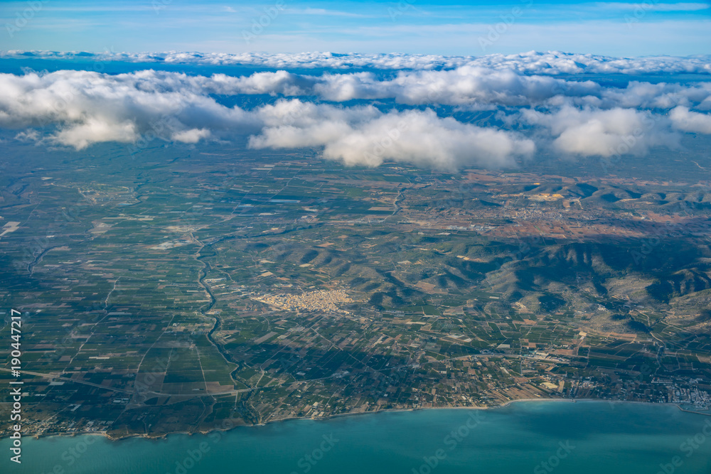 Blue ocean coast with Spanish mountain landscape aerial Blue ocean coast with Spanish mountain landscape aerial