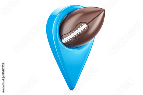 Map pointer with american football ball, location concept. 3D rendering