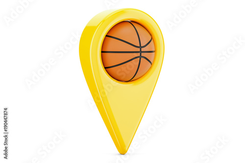 Map pointer with basketball ball, location concept. 3D rendering