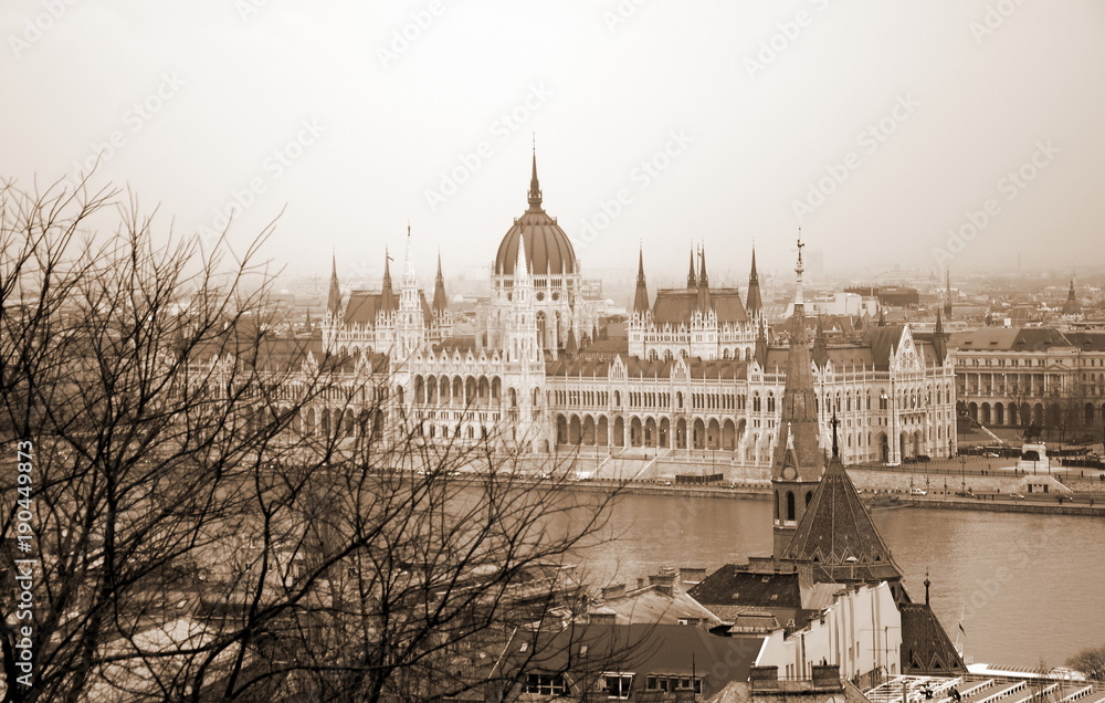 View on Budapest Parliament, Hungary. Sepia colors, aged photo 