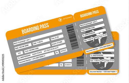 Air tickets. Boarding pass tickets template isolated on white background. Vector illustration