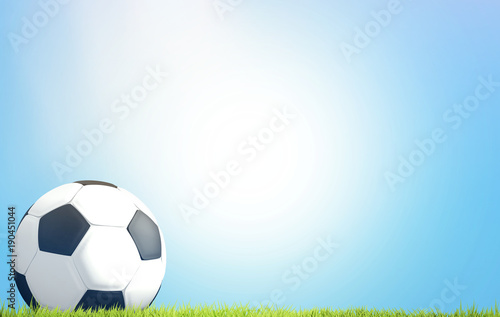soccer football ball at green grass meadow blades of grass and light blue sky 3d rendering
