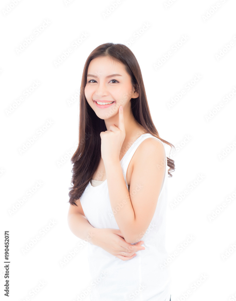 Portrait of beautiful asian woman makeup of cosmetic, girl hand touch cheek and smile attractive, face of beauty perfect with wellness isolated on white background with skin healthcare concept. Portrait of beautiful asian woman makeup of cosmetic, girl hand touch cheek and smile attractive, face of beauty perfect with wellness isolated on white background with skin healthcare concept.