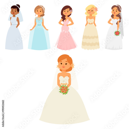 Wedding brides characters vector illustration celebration marriage fashion woman cartoon girl white ceremony marry dress