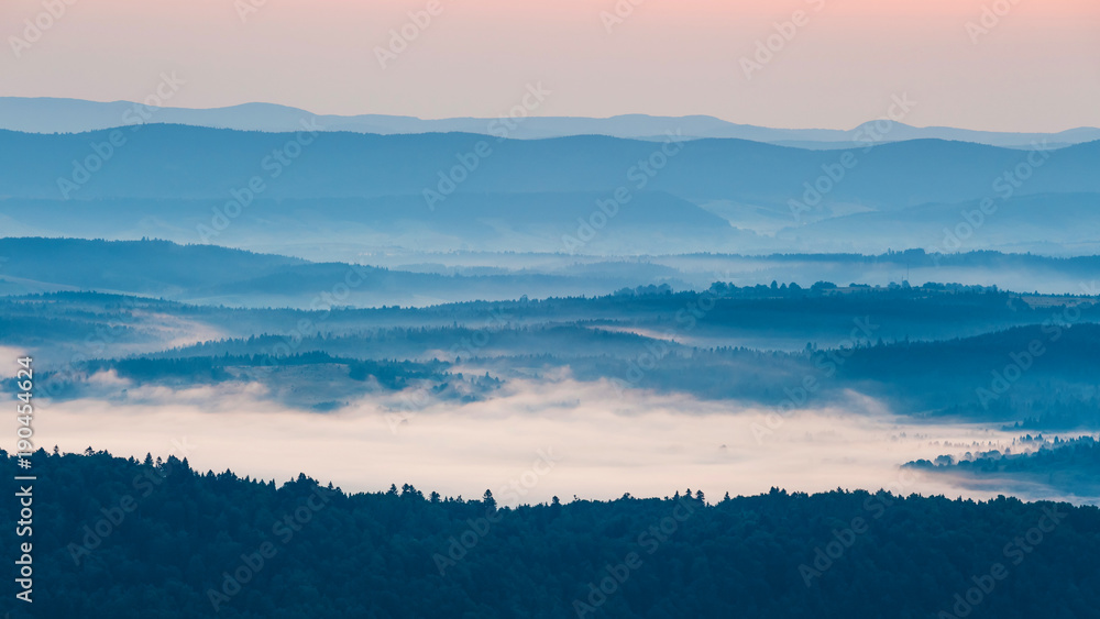 Obraz premium Foggy landscape in Bieszczady Mountains, Poland, Europe