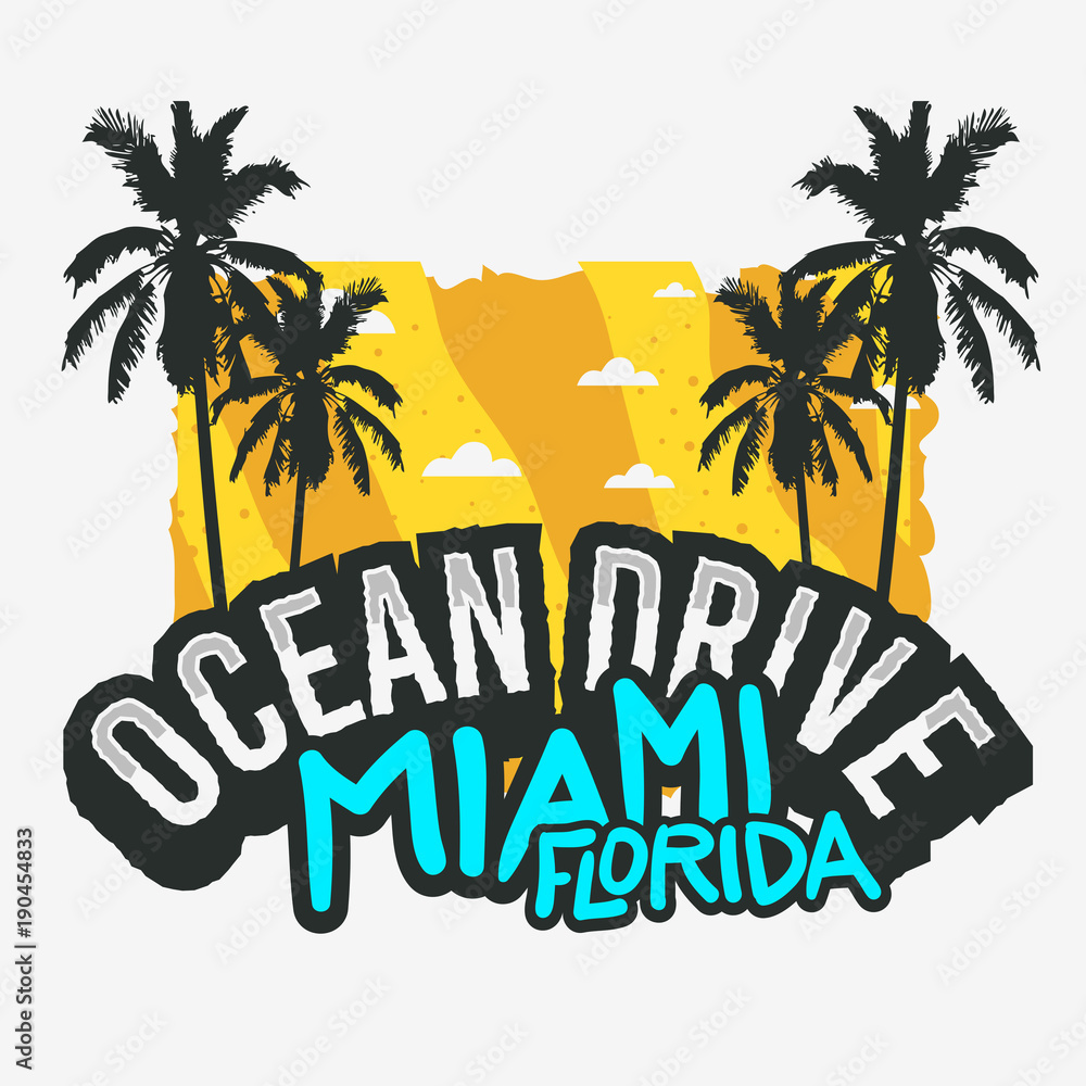 Ocean Drive Miami Beach Florida Summer Poster Design With Palm Trees Illustration.