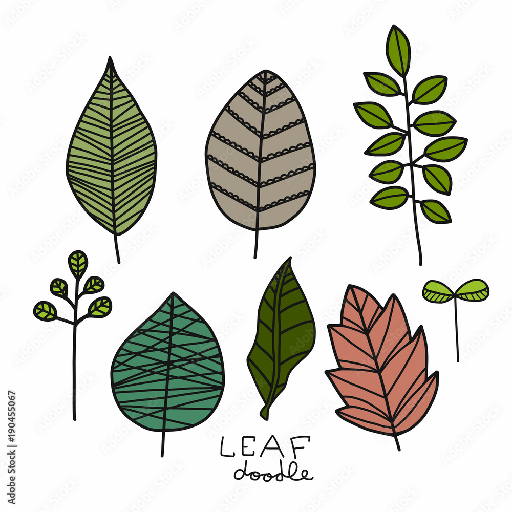 Fototapeta premium Leaf doodle set cartoon vector illustration