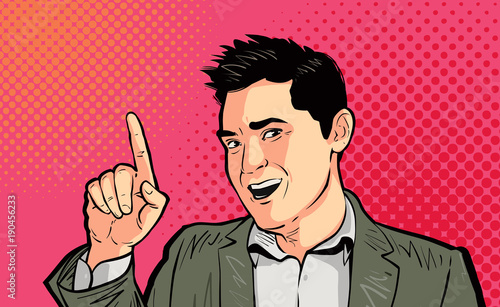 Businessman or funny guy pointing finger pop art retro. Cartoon vector illustration