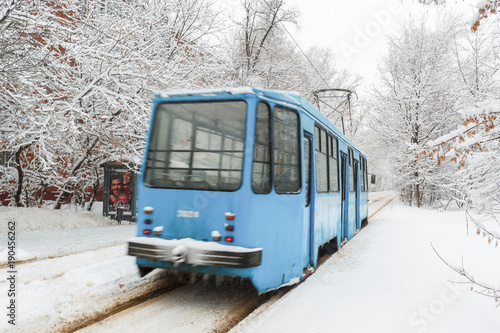 January 31, 2018. Moscow, Russia. Tram on the snow-covered street