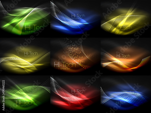 Set of elegant flowing neon waves, digital abstract backgrounds