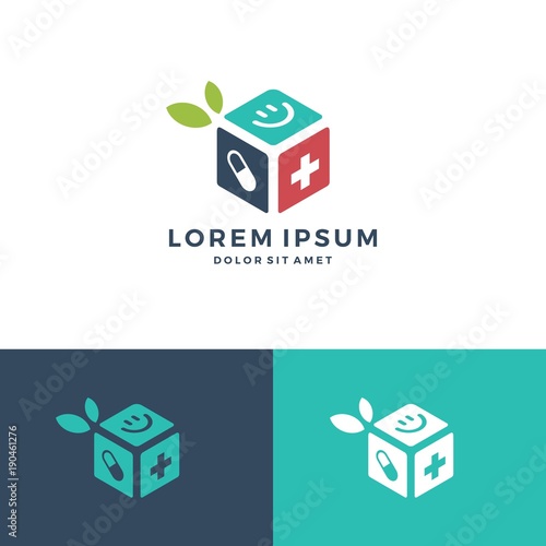 medicine care box cube subscription leaf logo vector download