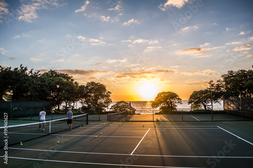 tennis court at sunset