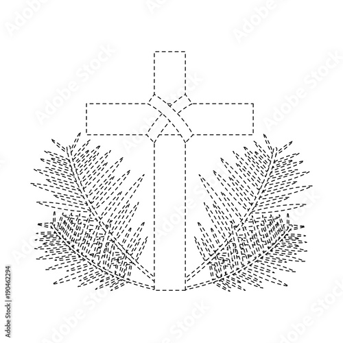cross with leaves christian catholic paraphernalia  icon image vector illustration design  black dotted line