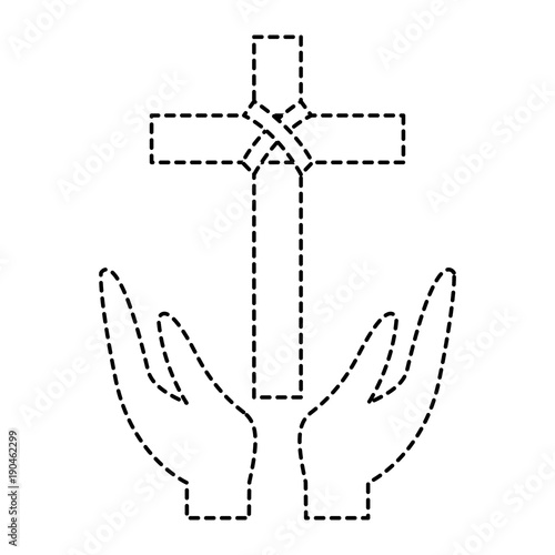cross and hands christian catholic paraphernalia  icon image vector illustration design  black dotted line