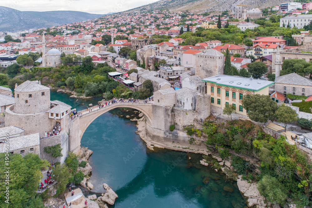 Aerial view on the city Mostar and Old Bridge. Bosnia and Hercegovina.