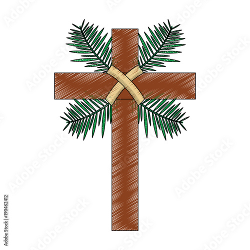 cross with leaves christian catholic paraphernalia  icon image vector illustration design 