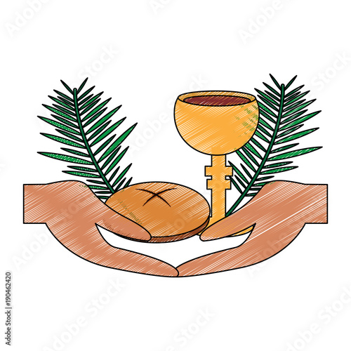 hands with chalice bread christian catholic paraphernalia  icon image vector illustration design 