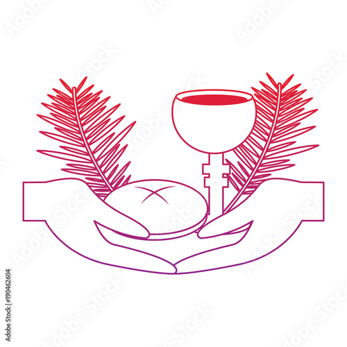 hands with chalice bread christian catholic paraphernalia  icon image vector illustration design  red to purple line