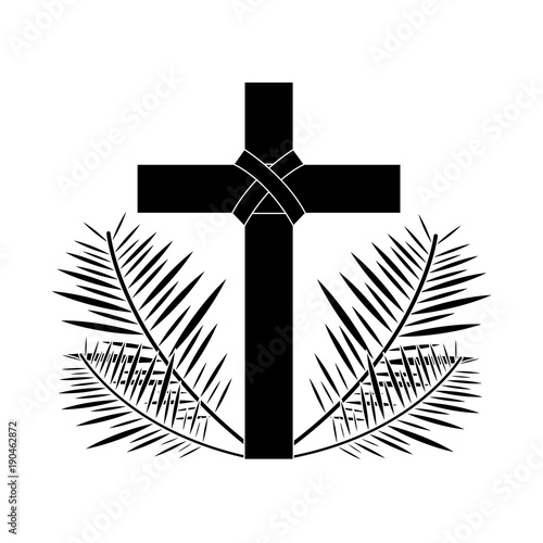cross with leaves christian catholic paraphernalia  icon image vector illustration design  black and white
