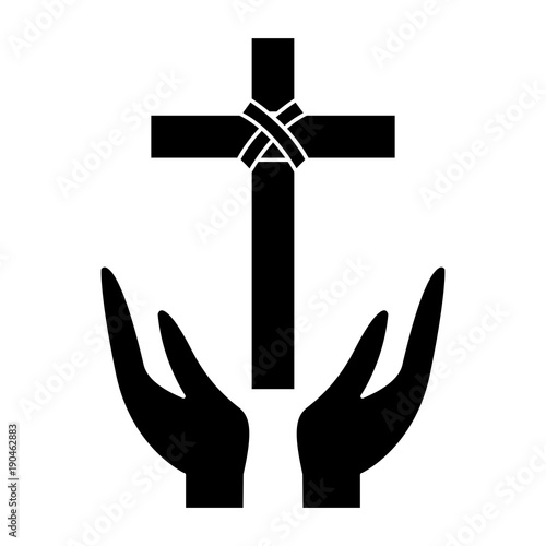 cross and hands christian catholic paraphernalia  icon image vector illustration design  black and white