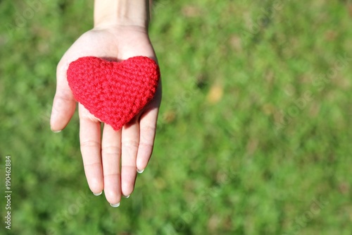 Woman hand giving red hand-made crocheted heart with green grass background and copy space. Valentine s Day. Symbol of love.