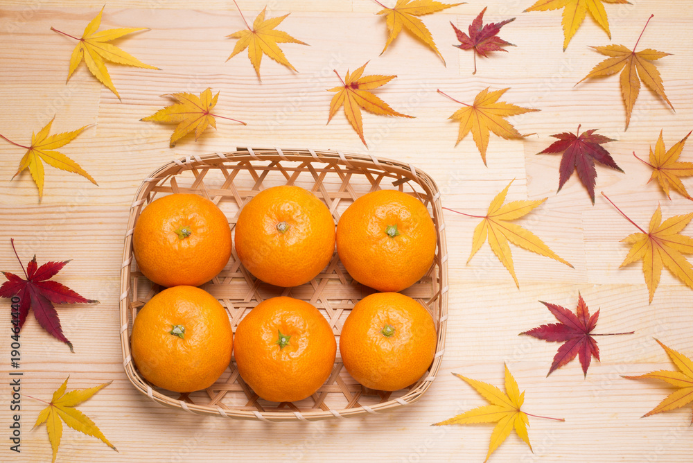Φωτογραφία 木のテーブルの上の笊に入ったミカンと紅葉したカエデの葉