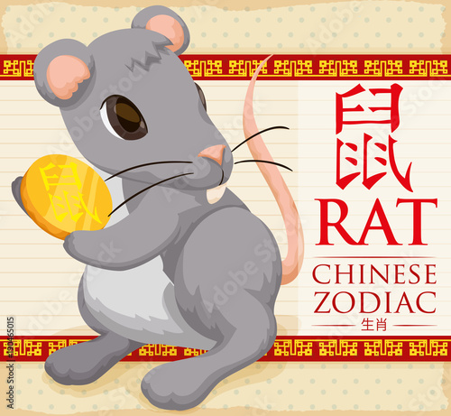 Chinese Zodiac Animal: Cute Rat with a Golden Coin, Vector Illustration