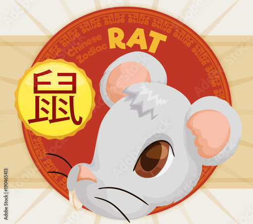 Cute Head of a Rat with Label for Chinese Zodiac, Vector Illustration