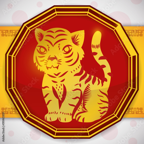 Fototapeta Naklejka Na Ścianę i Meble -  Button with a Golden Tiger for Chinese Zodiac, Vector Illustration