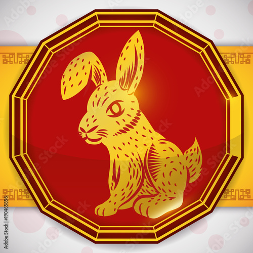 Button with a Golden Rabbit for Chinese Zodiac, Vector Illustration