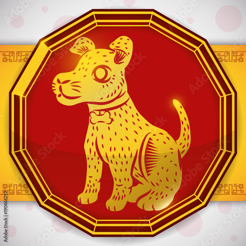 Button with a Golden Dog for Chinese Zodiac, Vector Illustration