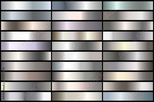 Set of Realistic silver gradients. Vector metal collection for border, frame, ribbon design.