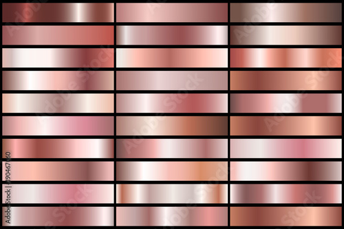 Set of Realistic rose gold gradients. Vector metal collection for border, frame, ribbon design.